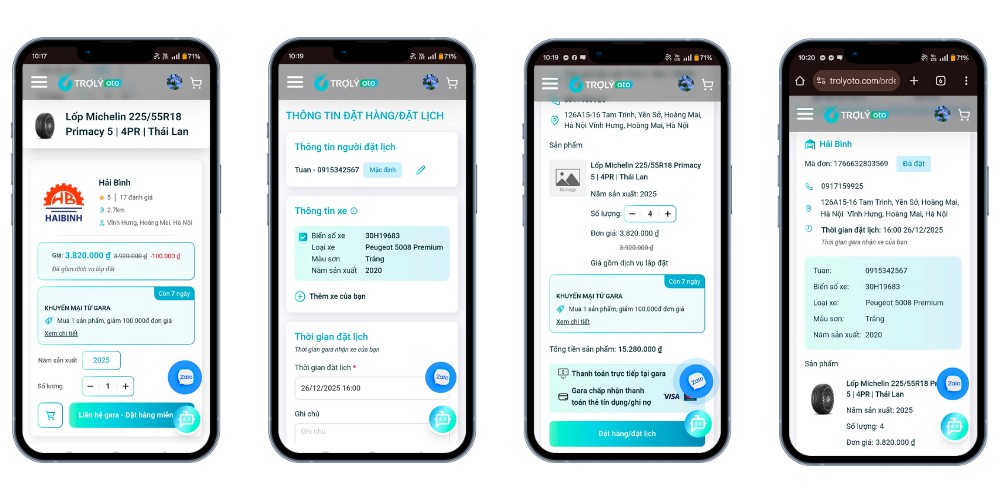 Mô phỏng quá trình đặt lịch thay lốp trên TROLYoto